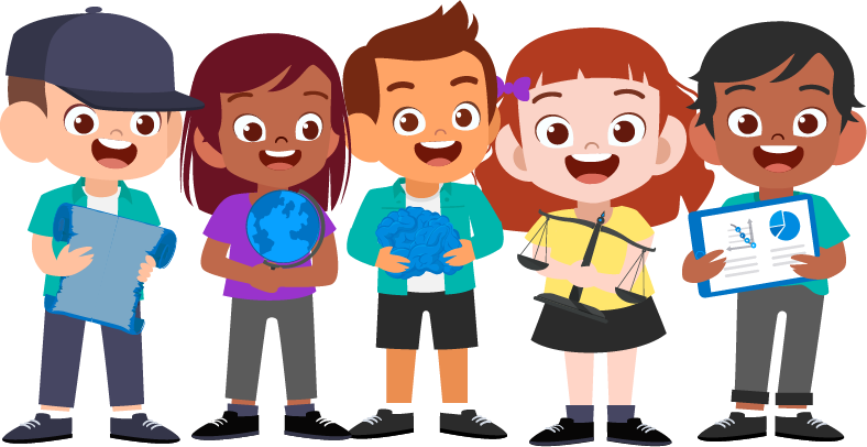 Five Leaders 4SC students holding a clipboard, globe, brain, scales of justice, and a chart